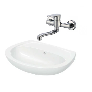 Zestaw umywalka ceramiczna KOŁO IDOL M11050000 bez otworu z przelewem 50x41 cm + bateria zlewozmywakowa HYDROLAND B644 NERO ścienna