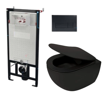 Miska wisząca Deante Peonia CDENNZPW bezkołnierzowa nero + deska + stelaż + przycisk slim nero