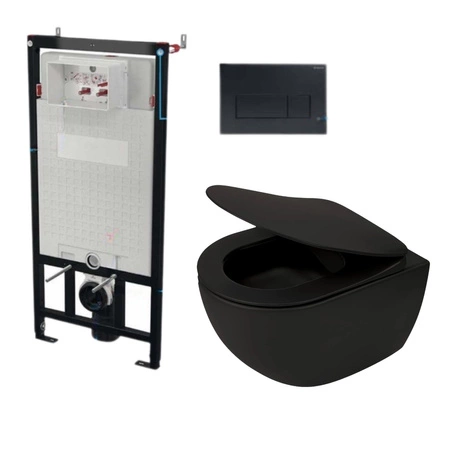 Miska wisząca Deante Peonia CDENNZPW bezkołnierzowa nero + deska + stelaż + przycisk slim nero