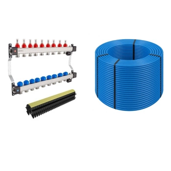 Zestaw rozdzielacz KAN-therm InoxFlow 1316157084 9 obwodów + rura PE-RT KAN-therm 1829198183 Blue Floor z osłoną EVOH 5-warstwowa 16x2.0 zwój 600 m + spinki TIA F-063628 pakietowane 40mm 300 szt.