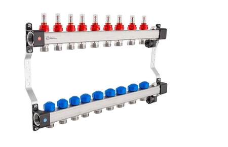 Rozdzielacz KAN-therm InoxFlow 1316157084 z przepływomierzami i zaworami do siłowników seria UFST 9 obwodów