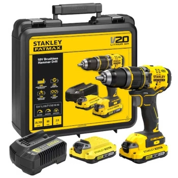 Bezszczotkowa wiertarko-wkrętarka udarowa 18V STANLEY FATMAX V20 z dwoma akumulatorami 2,0Ah i kufrem