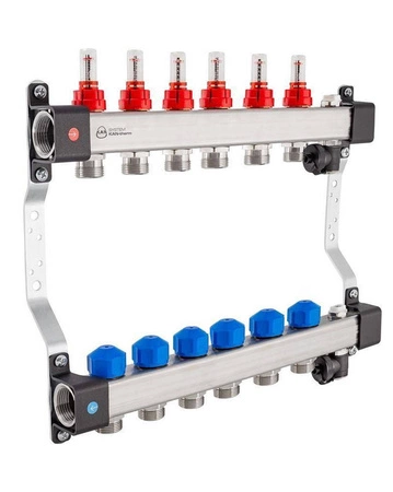 Rozdzielacz KAN-therm InoxFlow 1316157081 z przepływomierzami i zaworami do siłowników seria UFST 6 obwodów