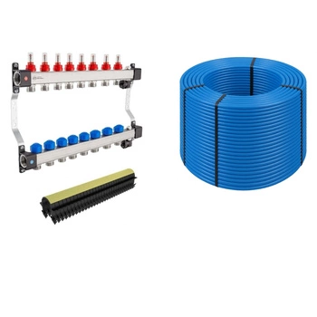 Zestaw rozdzielacz KAN-therm InoxFlow 1316157083 8 obwodów + rura PE-RT KAN-therm 1829198183 Blue Floor z osłoną EVOH 5-warstwowa 16x2.0 zwój 600 m + spinki TIA F-063628 pakietowane 40mm 300 szt.