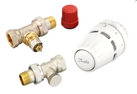 Zestaw termostatyczny z głowicą Regus, zawór RA-N prosty DN 15 i odcinający RLV-S Danfoss 015G5304