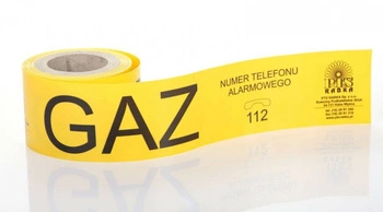 Taśma gazowa ostrzegawcza żółta z wkładką metal z napisem 100 mb RABKA