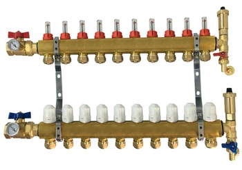 Rozdzielacz mosiężny Hydroland ROZDZ.H.10.ZK do ogrzewania podłogowego kompletny z zaworami kulowymi 10 obwodów