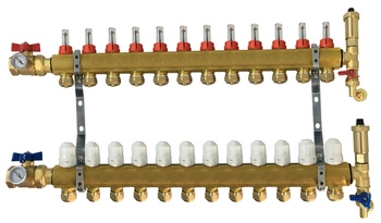 Rozdzielacz mosiężny Hydroland ROZDZ.H.12.ZK do ogrzewania podłogowego kompletny z zaworami kulowymi 12 obwodów