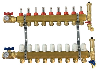 Rozdzielacz mosiężny Hydroland ROZDZ.H.09.ZK do ogrzewania podłogowego kompletny z zaworami kulowymi 9 obwodów